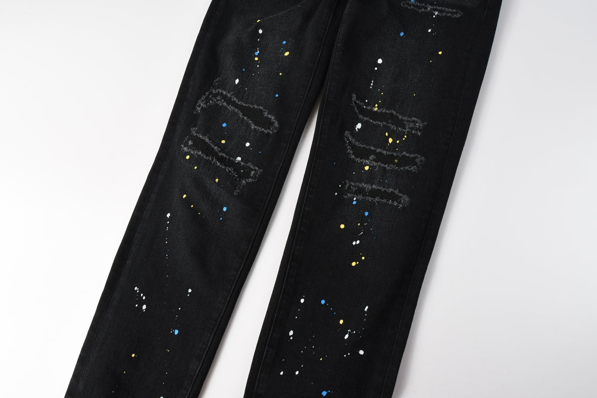 PURPLE Men Streetwear Skinny Jeans Black Wash with Distressed Details and Multi - Color Paint Splash 9121