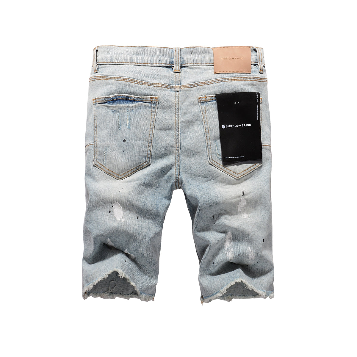PURPLE Men Streetwear Denim Shorts Light Blue Wash with White Paint Splatters and Distressed Raw Hem 5006