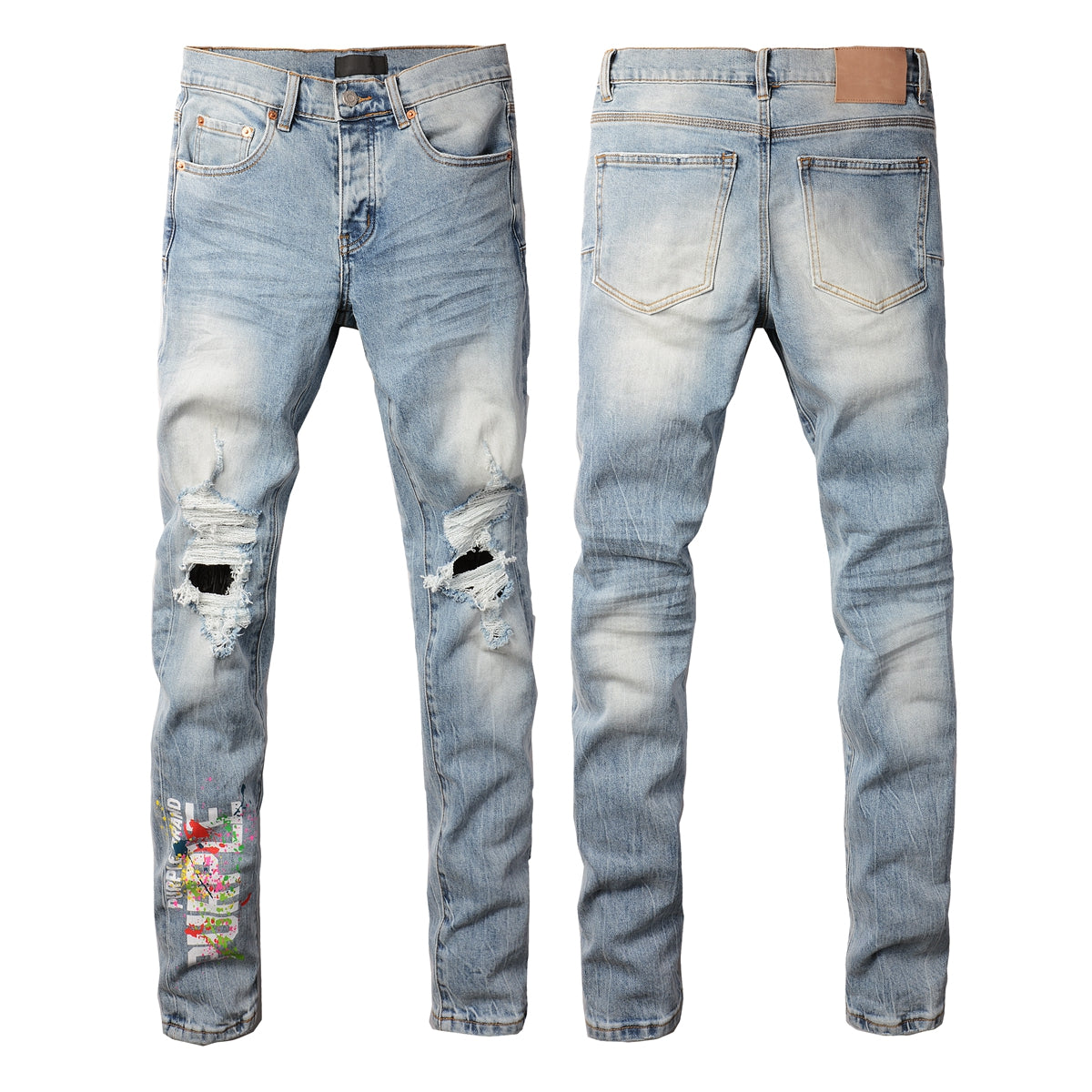 PURPLE Men Streetwear Jeans Light Blue Ripped Graffiti Print Distressed skinny 9101