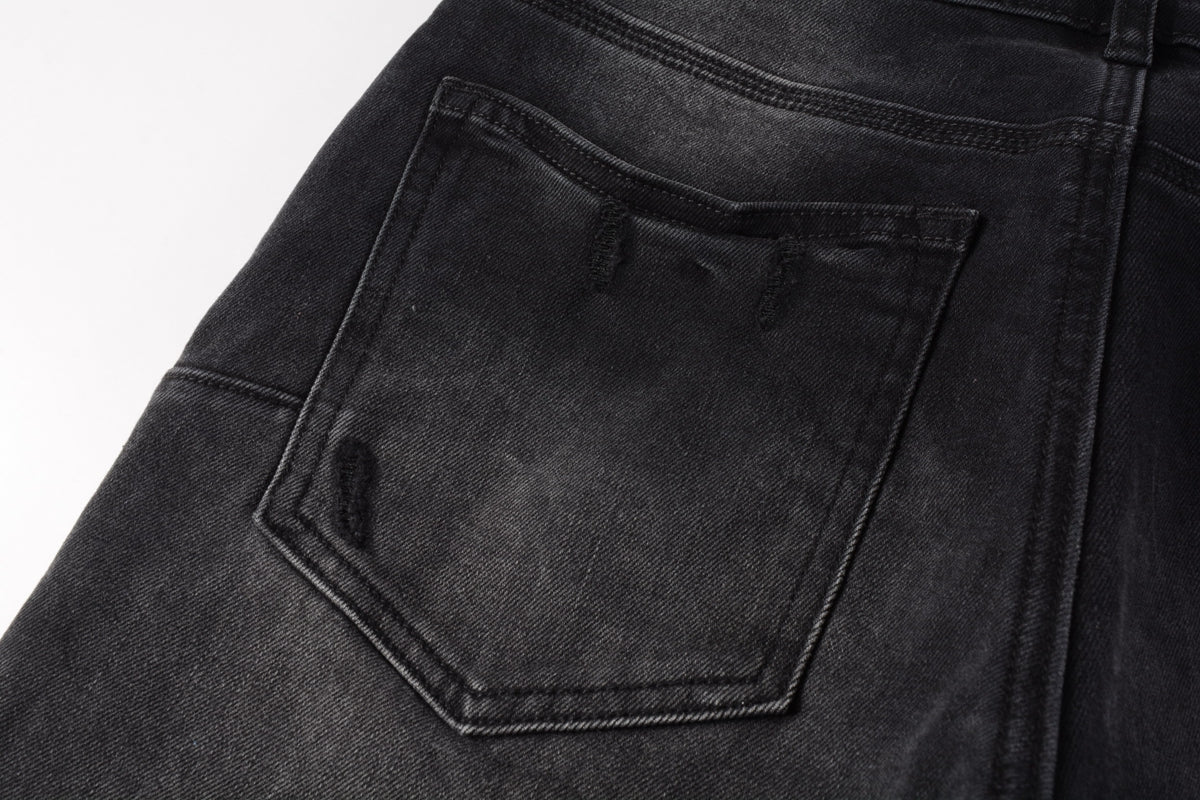 PURPLE Men Streetwear Skinny Jeans Black Wash with Knee Ripped Details 9029