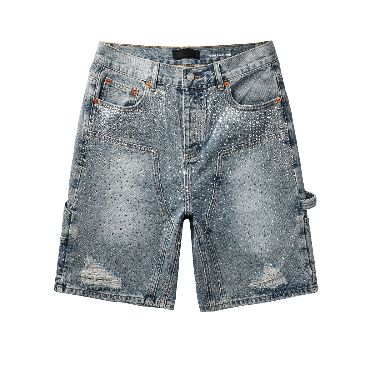 PURPLE Men Streetwear Cargo Denim Shorts Light Blue Wash with Rhinestone Embellishment and Distressed Details 5097
