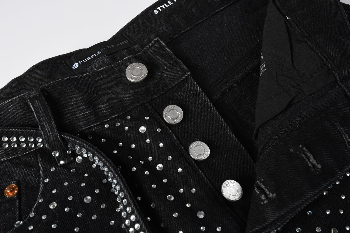 PURPLE Men Streetwear Black Denim Shorts with Allover Rhinestone Studs and Zipper Details 5095