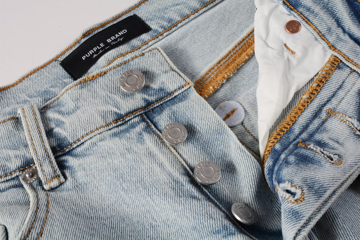PURPLE Men Streetwear Denim Shorts Light Blue Wash with Distressed Rips and Raw Hem 5088