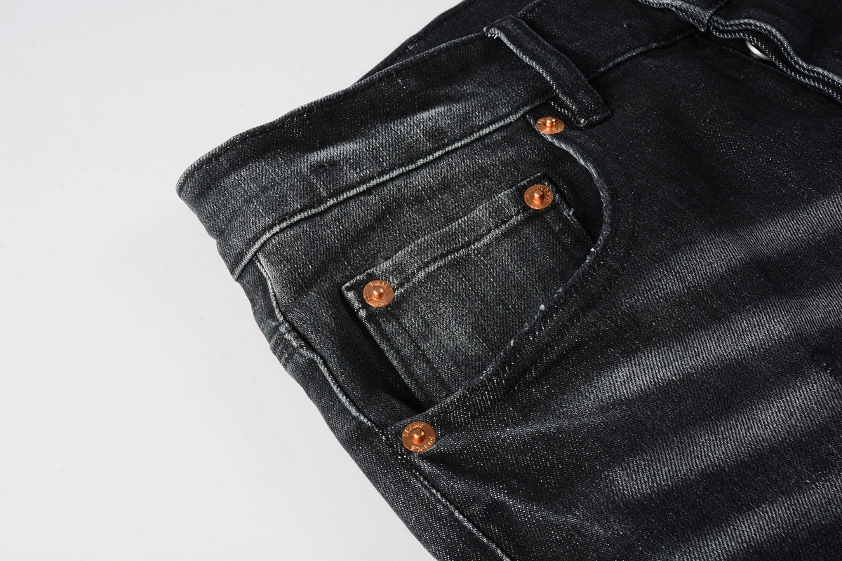 PURPLE Men Streetwear Skinny Jeans Black - Gray Fade Wash with White Paint Specks 9027