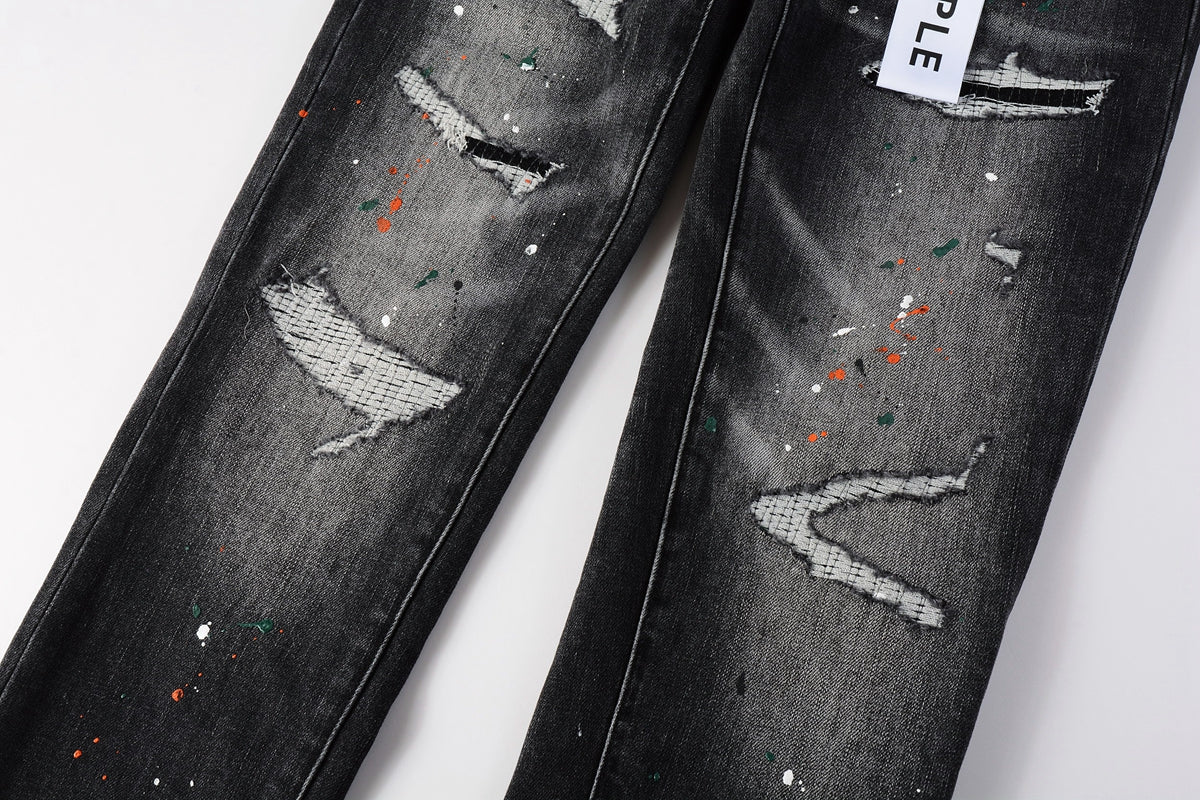 PURPLE Men Streetwear Skinny Jeans Dark Gray Wash with Distressed Rips and Multi-Color Paint Splatter 9018