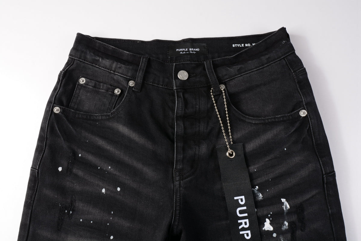 PURPLE Men Streetwear Denim Shorts Black Wash with White Paint Splashes and Raw Hem 5002