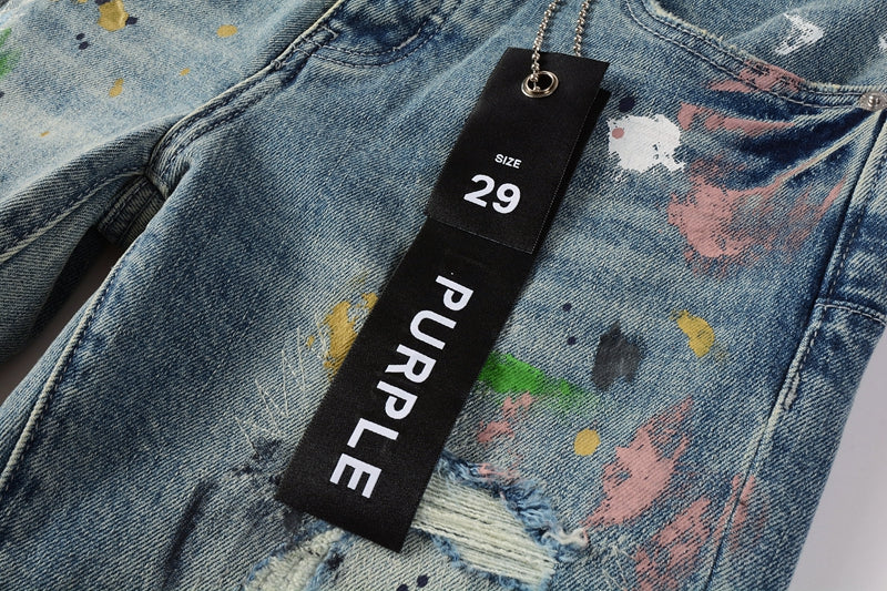 PURPLE Men Streetwear Skinny Jeans Light Blue Wash with Multi-Color Paint Splatter and Distressed Rips 9072