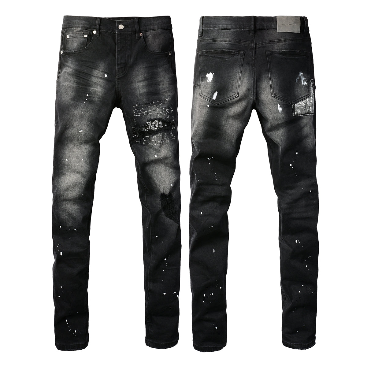PURPLE Men Streetwear Jeans Distressed Black Paint Splash Patch Ripped skinny 9099