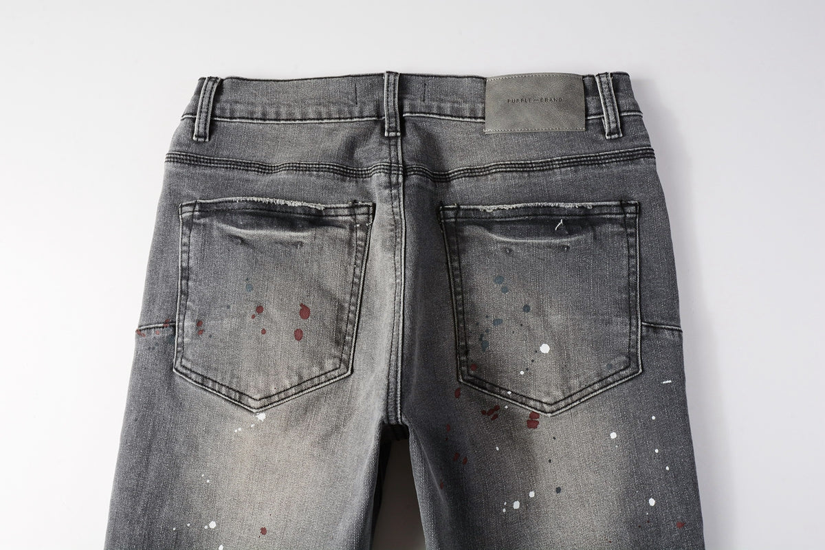 PURPLE Men Streetwear Distressed Grey Skinny Jeanswith Color Paint Splatter and Knee Rips 9107