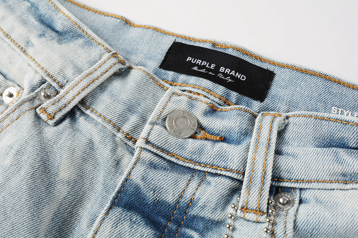 PURPLE Men Streetwear Denim Shorts Light Blue Wash with Washed Distressed Raw Hem 5017