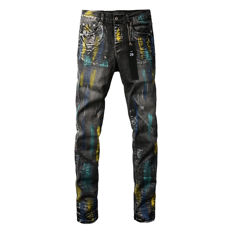 PURPLE Men Streetwear Skinny Jeans Black Wash with Colorful Graffiti Paint Splash 9078