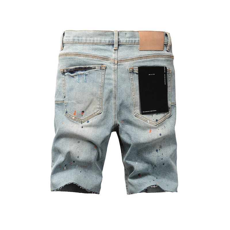 PURPLE Men Streetwear Denim Shorts Light Blue Wash with Colorful Paint Splashes and Distressed Raw Hem 5071