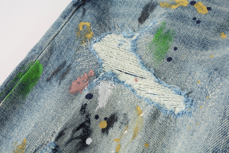 PURPLE Men Streetwear Skinny Jeans Light Blue Wash with Multi-Color Paint Splatter and Distressed Rips 9072