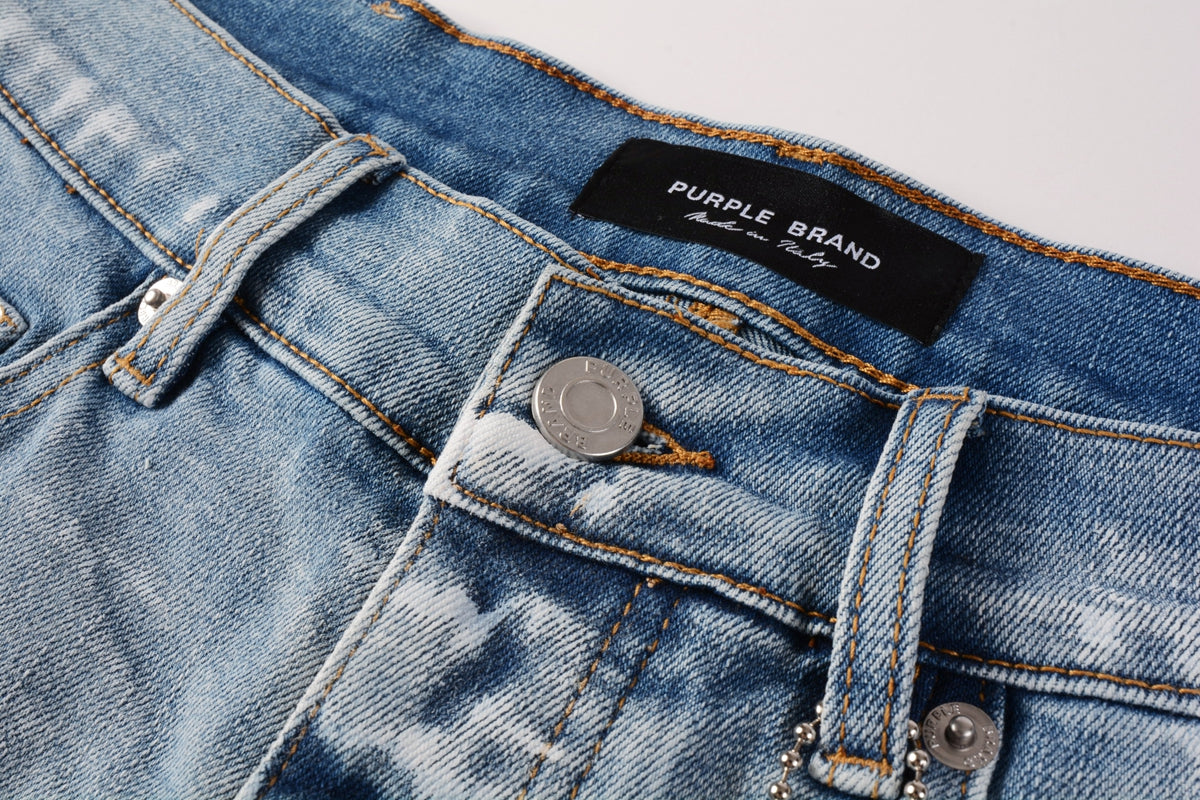 PURPLE Men Streetwear Light Blue Denim Shorts with Vintage Wash and Raw Hem Finish 5091