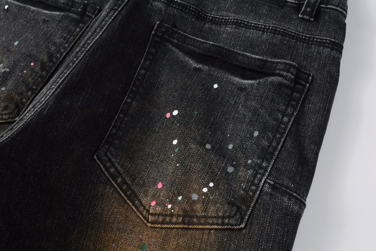 PURPLE Men’s Black Skinny Jeans with Rust-Toned Wash and Multicolor Paint Splatter Artistic Distressed Street 9109