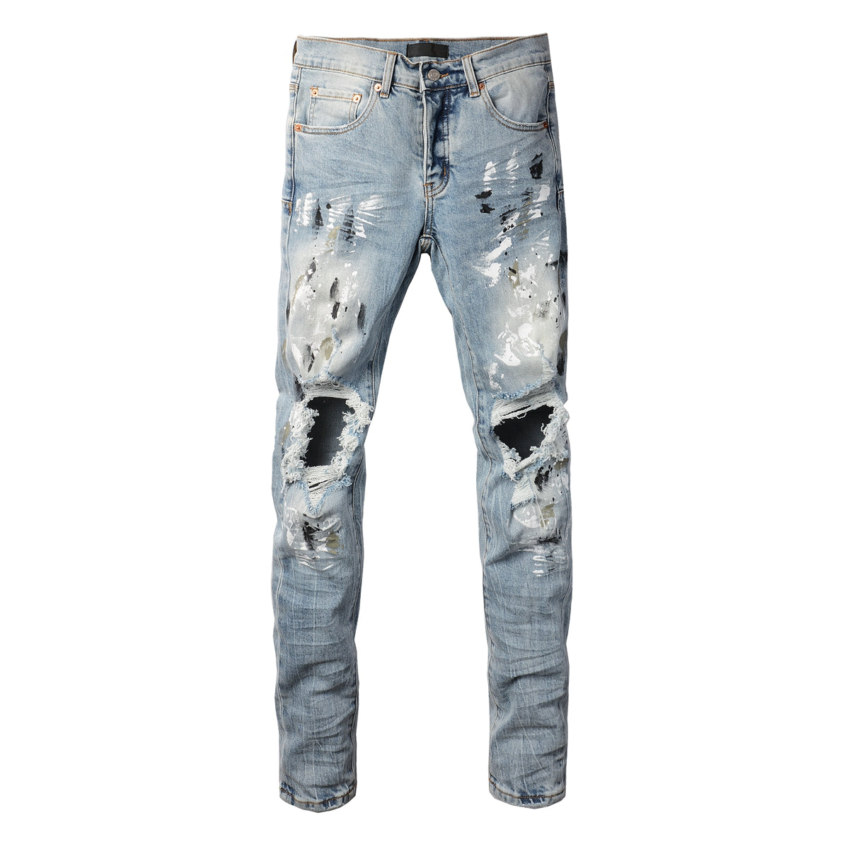 PURPLE Men Streetwear Jeans Light Blue Paint Splash Distressed Ripped skinny 9100