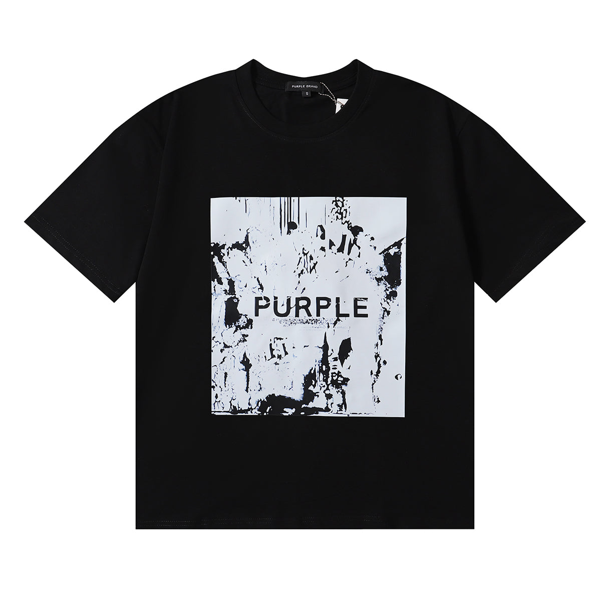PURPLE Men Streetwear Short Sleeve Tee Black & White with Purple Brand Abstract Figure Print