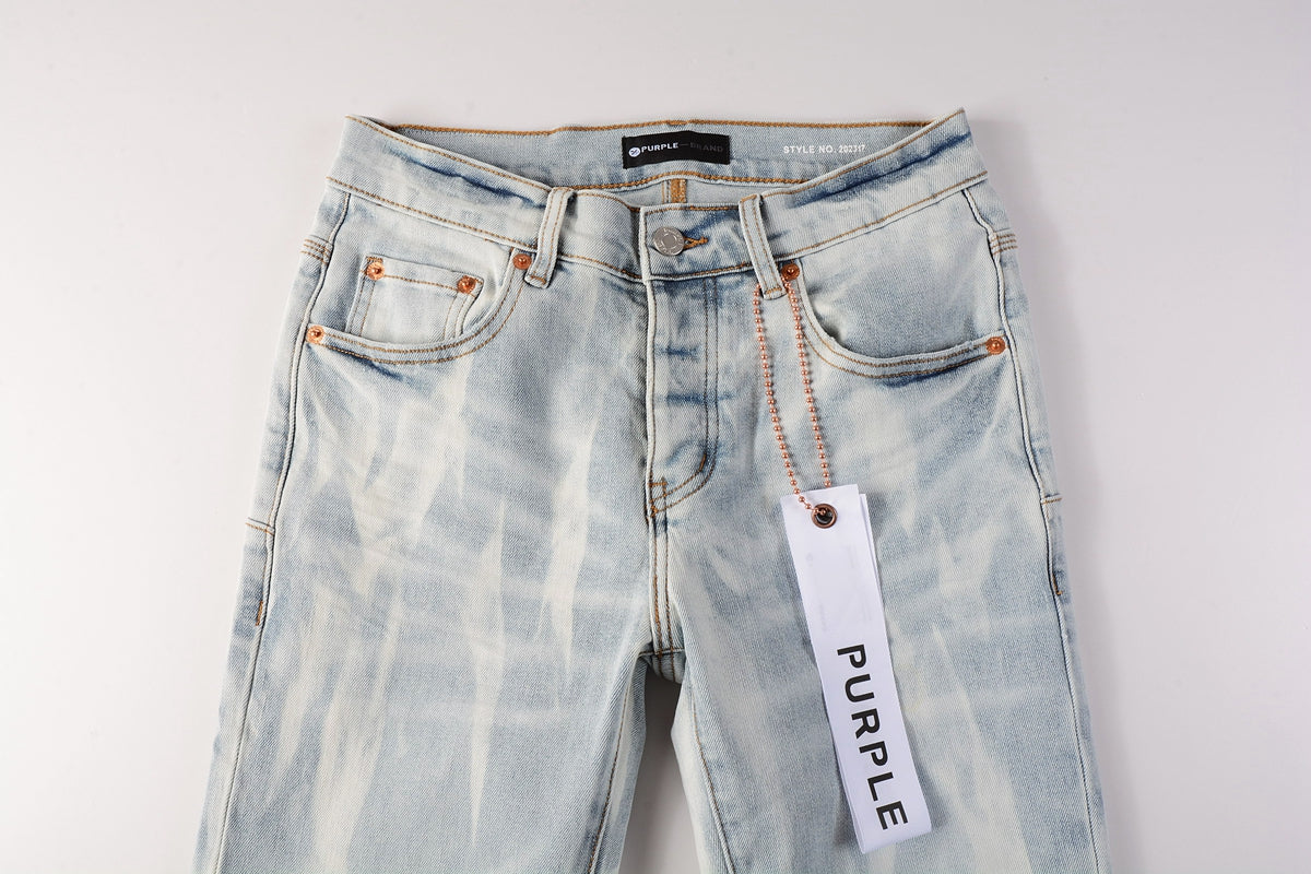 PURPLE Men Streetwear Skinny Jeans Light Blue Wash with White Brushstroke Texture 7017