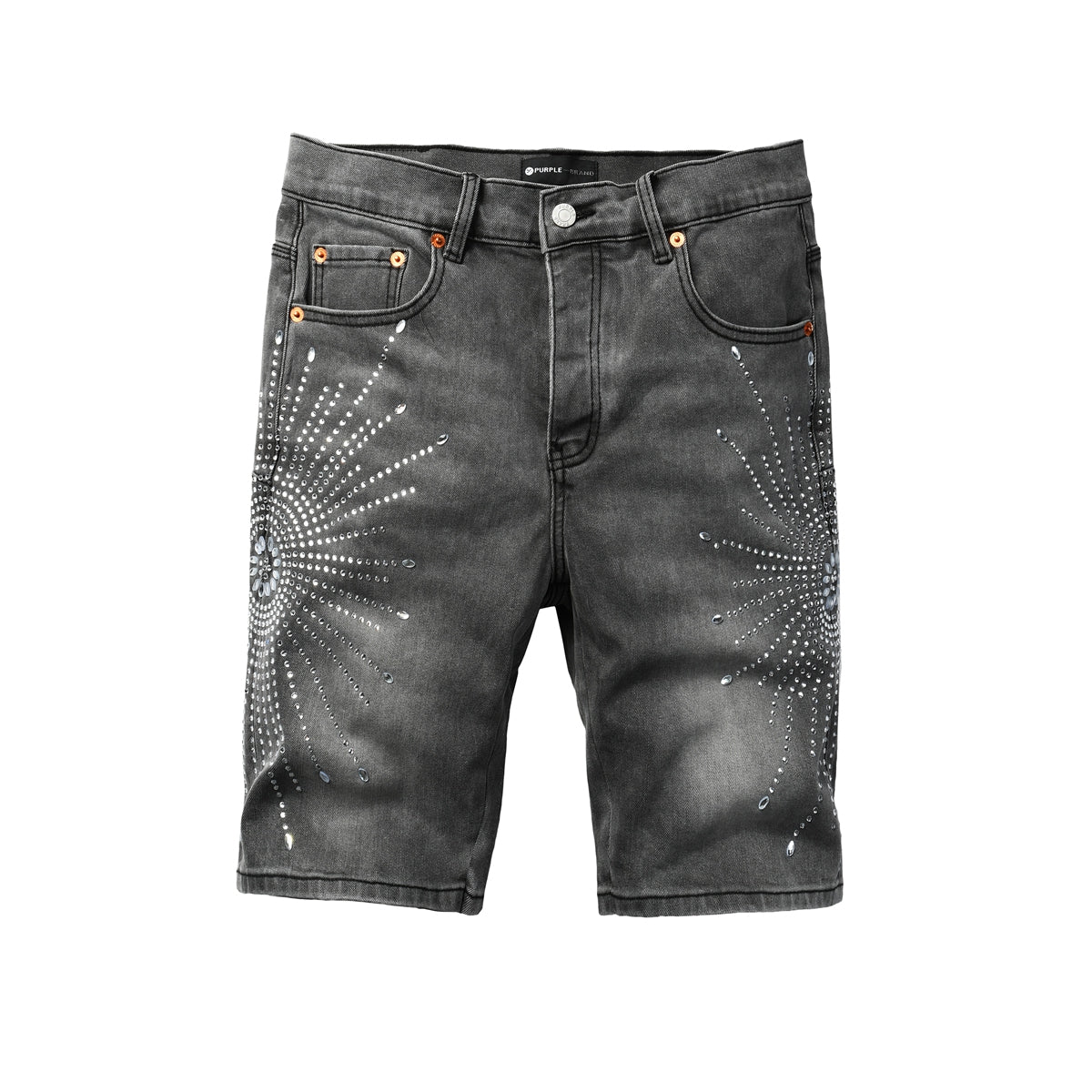 PURPLE Men Streetwear Grey Denim Shorts with Radial Rhinestone Burst Patterns 5094