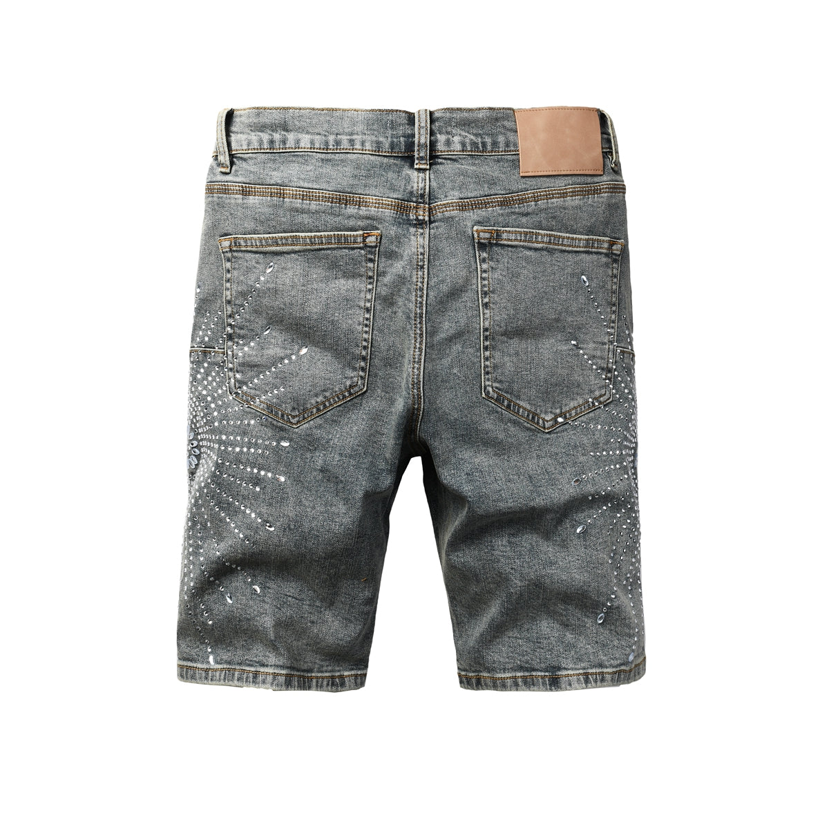 PURPLE Men Streetwear Light Blue Denim Shorts with Radial White Rhinestone Designs 5093