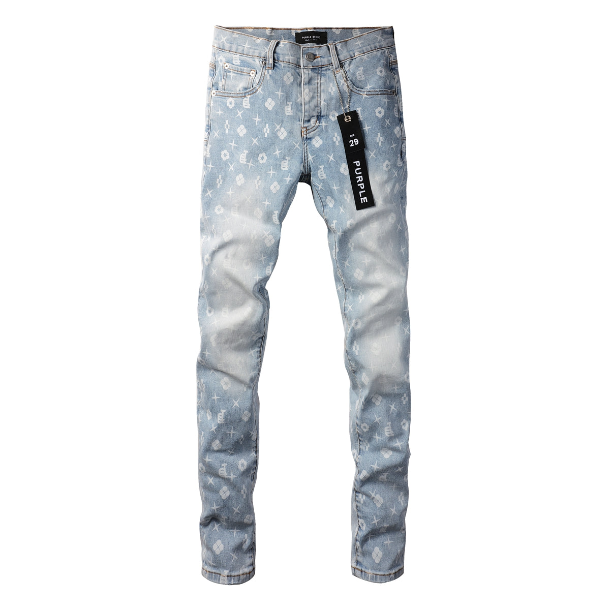 PURPLE Men Streetwear Skinny Jeans Light Blue Wash with All - Over Pattern Print 9089