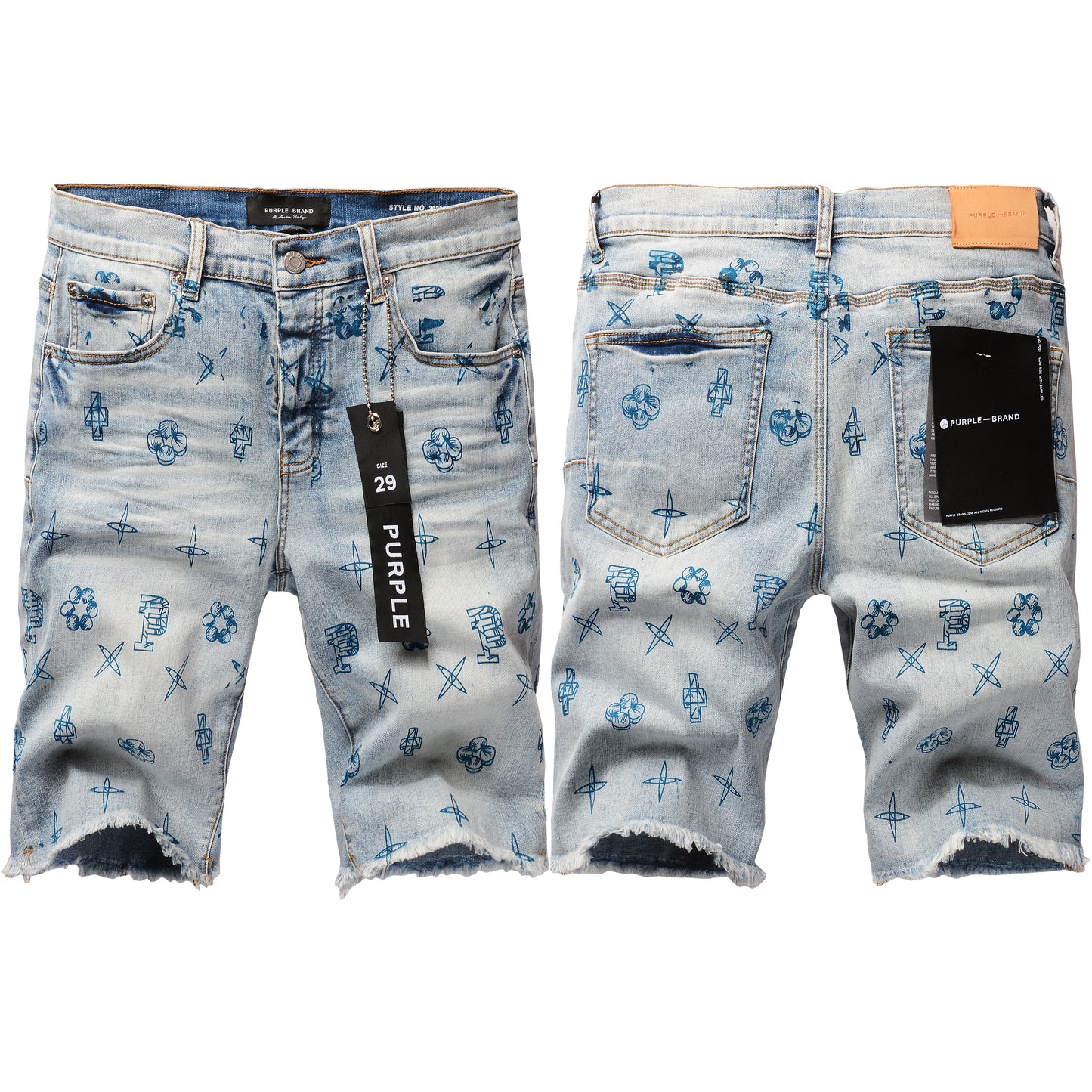 PURPLE Men Streetwear Denim Shorts Light Blue Wash with Blue Graphic Print and Raw Hem 5063