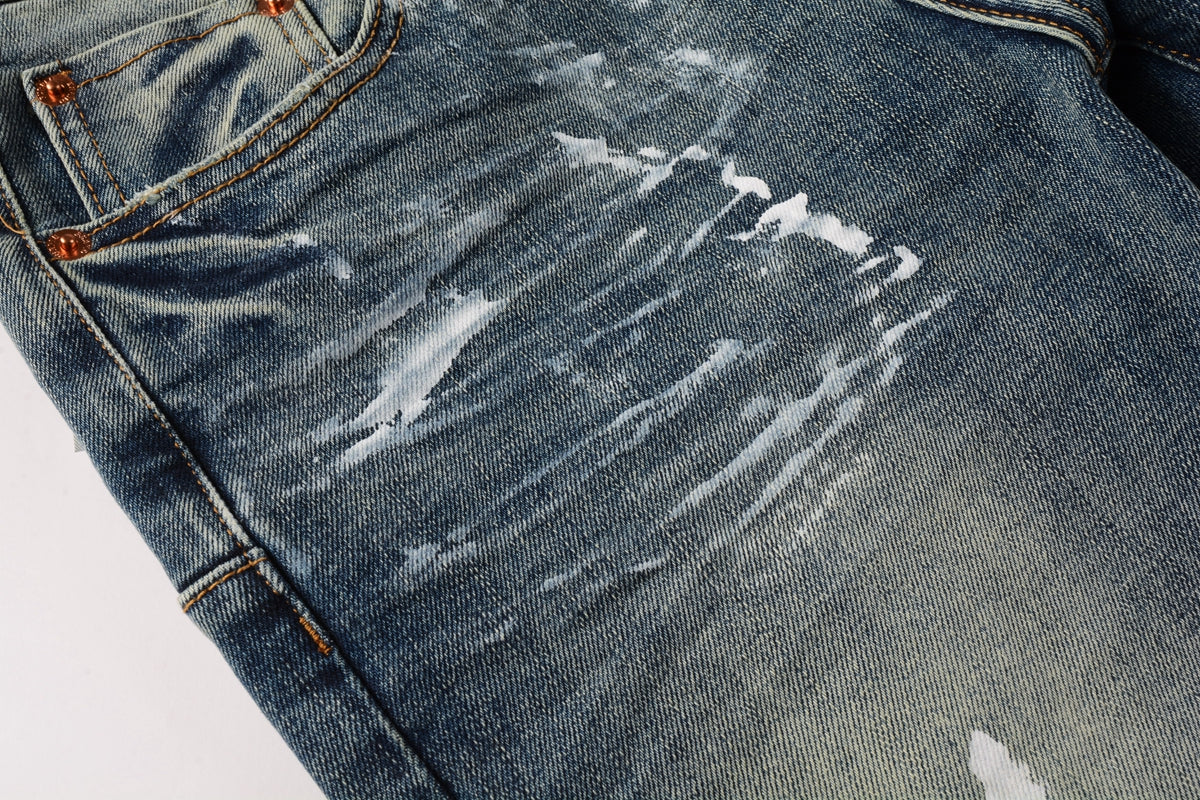 PURPLE Men Streetwear Skinny Jeans Light Blue Wash with White Paint Brush Strokes 9060