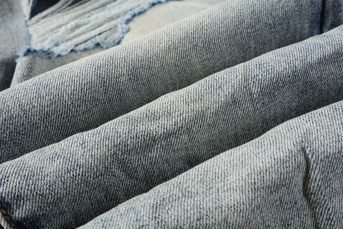 PURPLE Men Streetwear Skinny Jeans Light Blue Wash with Subtle White Pattern Wash 9013