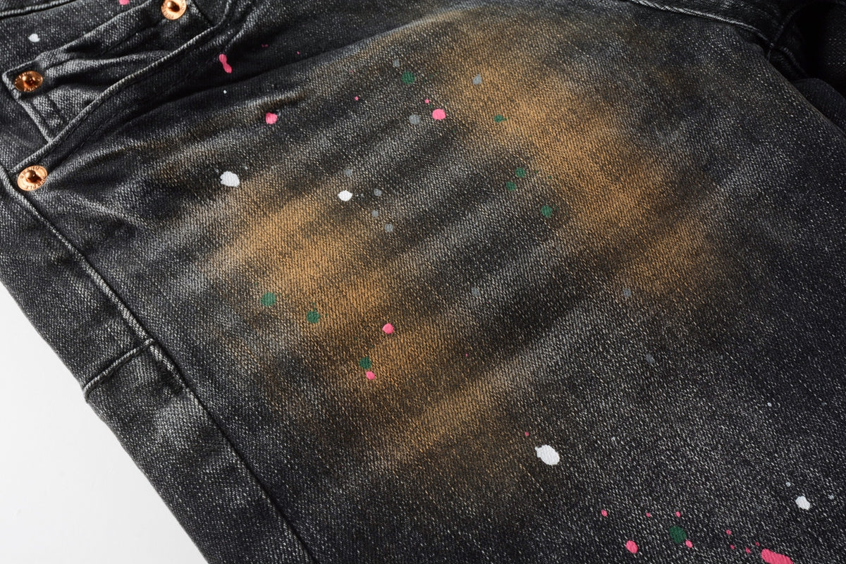 PURPLE Men’s Black Skinny Jeans with Rust-Toned Wash and Multicolor Paint Splatter Artistic Distressed Street 9109