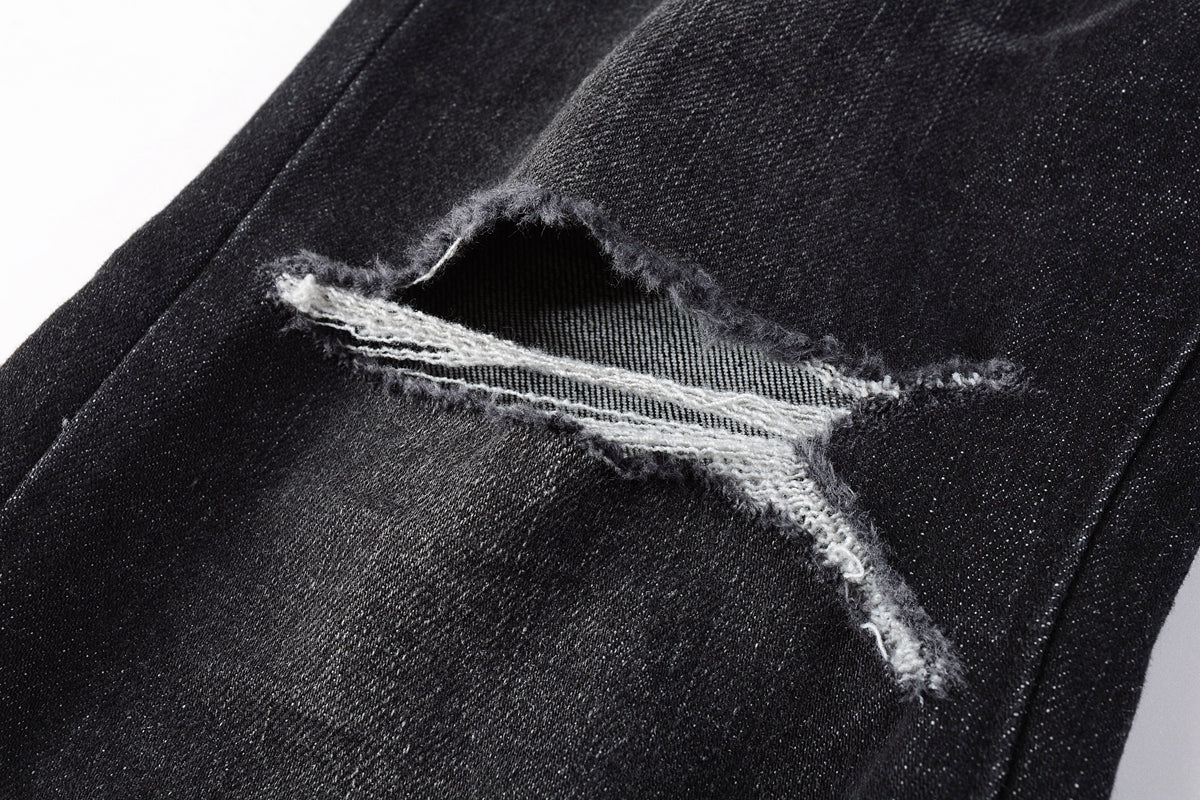 PURPLE Men Streetwear Skinny Jeans Black Wash with Knee Rips and White Paint Specks 9035