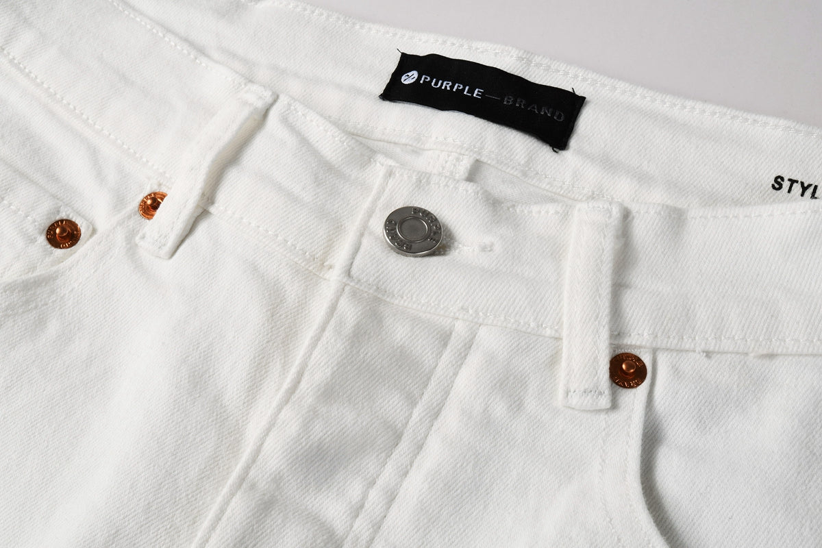 PURPLE Men Designer Streetwear Skinny Jeans Solid White with 3D Embossed Monogram Pattern 9113