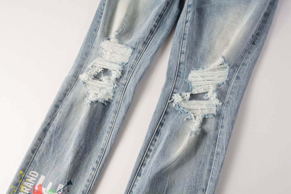 PURPLE Men Streetwear Jeans Light Blue Ripped Graffiti Print Distressed skinny 9101