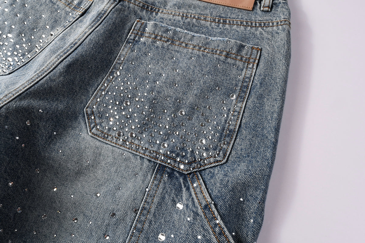 PURPLE Men Streetwear Cargo Denim Shorts Light Blue Wash with Rhinestone Embellishment and Distressed Details 5097