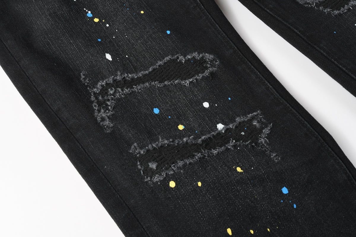 PURPLE Men Streetwear Skinny Jeans Black Wash with Distressed Details and Multi - Color Paint Splash 9121