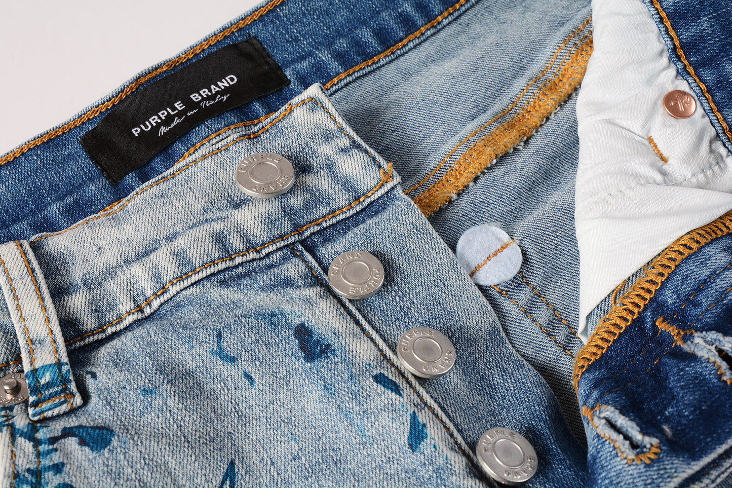 PURPLE Men Streetwear Denim Shorts Light Blue Wash with Blue Graphic Print and Raw Hem 5063