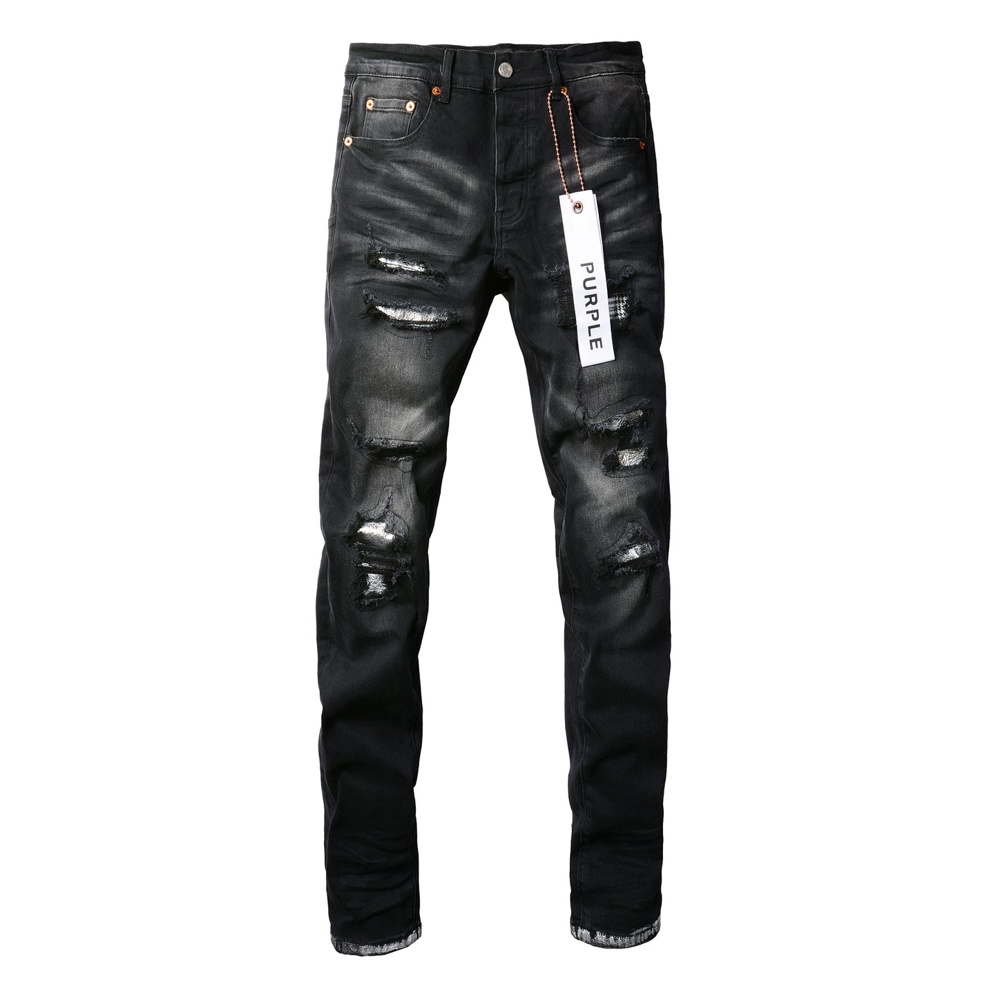 PURPLE Men Streetwear Skinny Jeans Black Wash with Distressed Rips, Checkered Patches and White Paint Splatter 9001