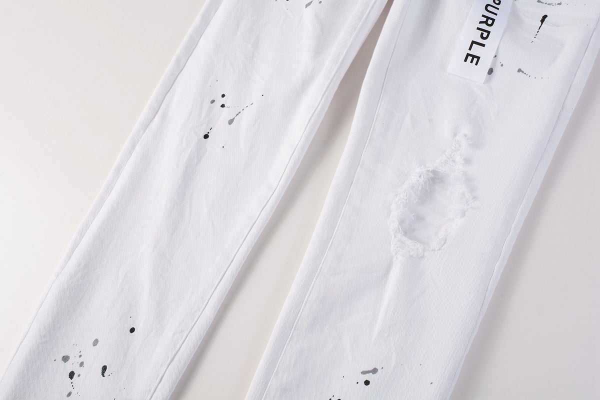 PURPLE Men Streetwear Skinny Jeans White Wash with Black Paint Splatter and Distressed Rip 9021