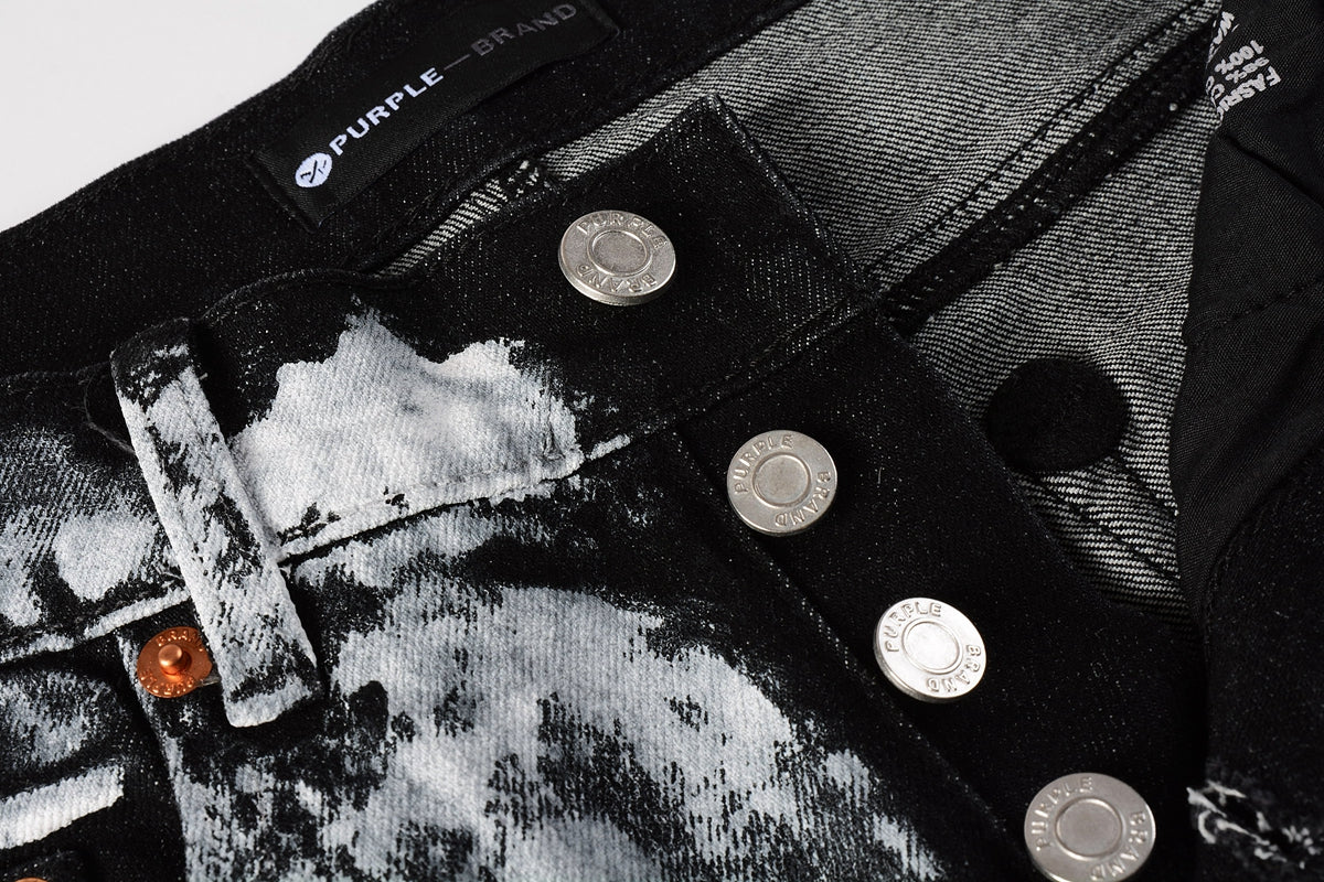 PURPLE Men Streetwear Skinny Jeans Black and White Graffiti Wash with Multi - Color Paint Accents 9020