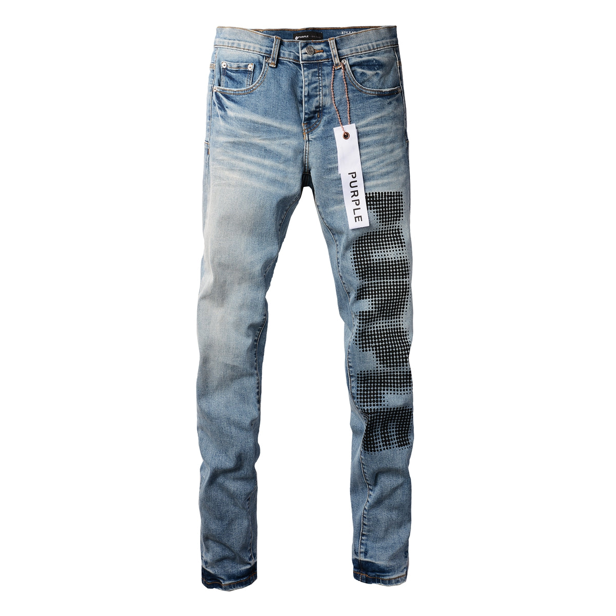 PURPLE Men Streetwear Skinny Jeans Light Blue Wash with Black Pixelated Pattern Print 9052