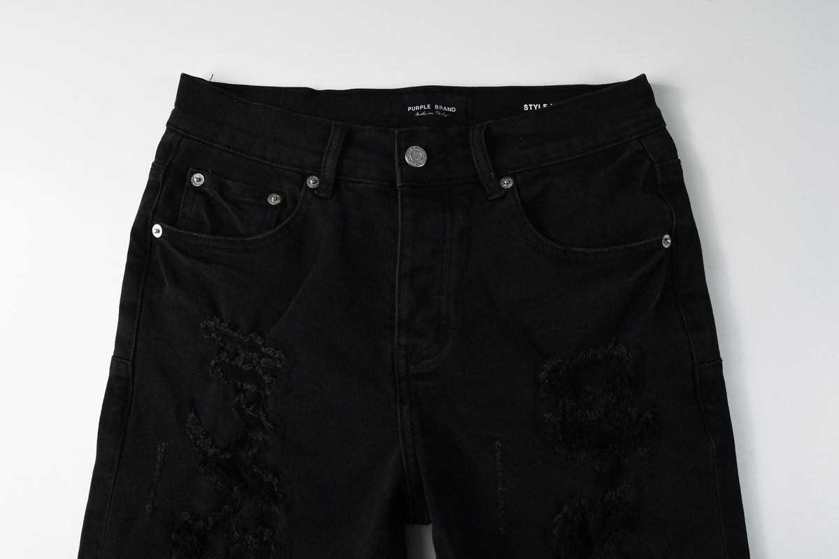 PURPLE Men Streetwear Black Denim Shorts with Distressed Ripped Details and Raw Hem 5108
