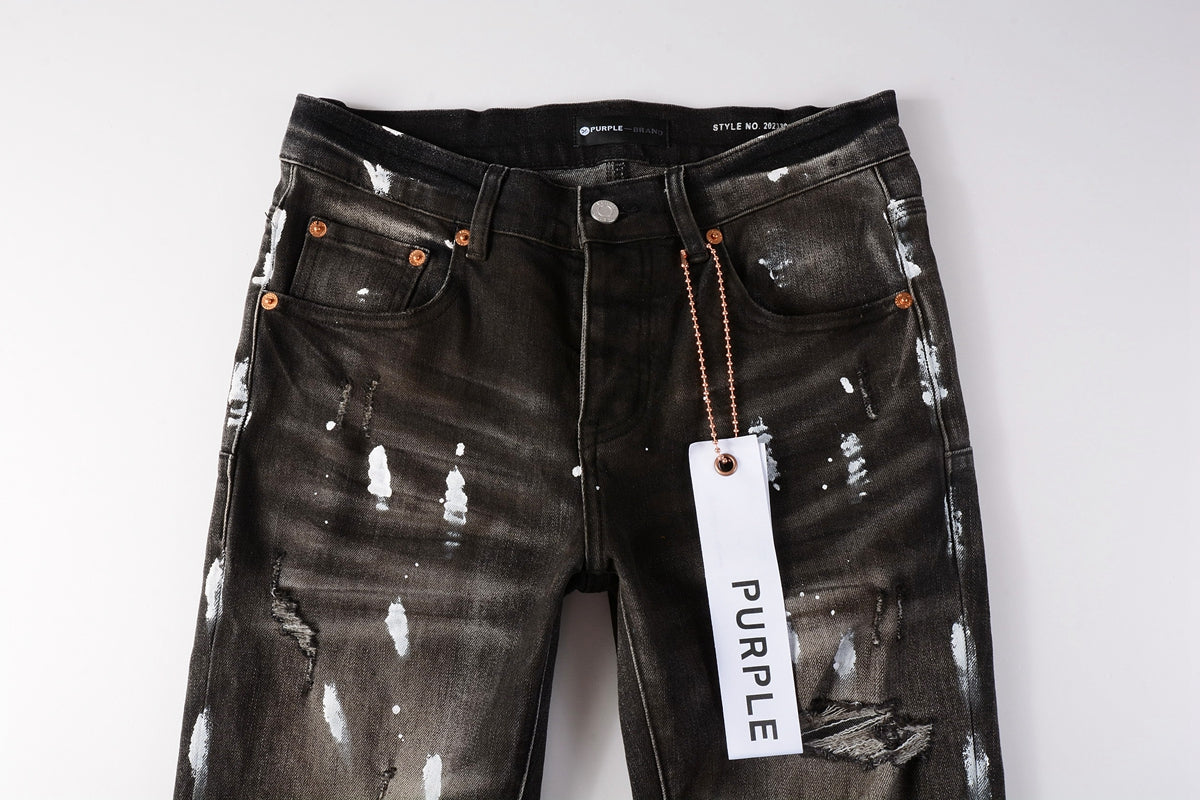 PURPLE Men Streetwear Skinny Jeans Dark Gray Wash with White Paint Splatter and Distressed Rips 9030