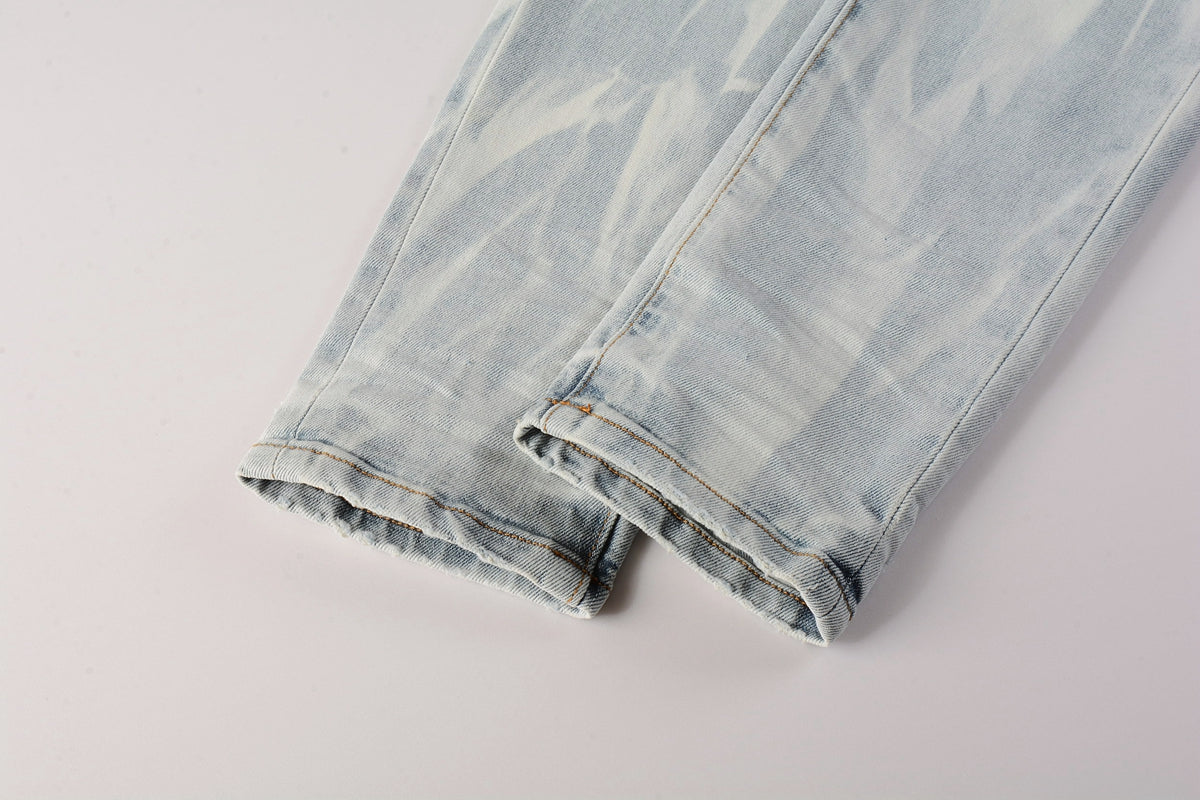 PURPLE Men Streetwear Skinny Jeans Light Blue Wash with White Brushstroke Texture 7017