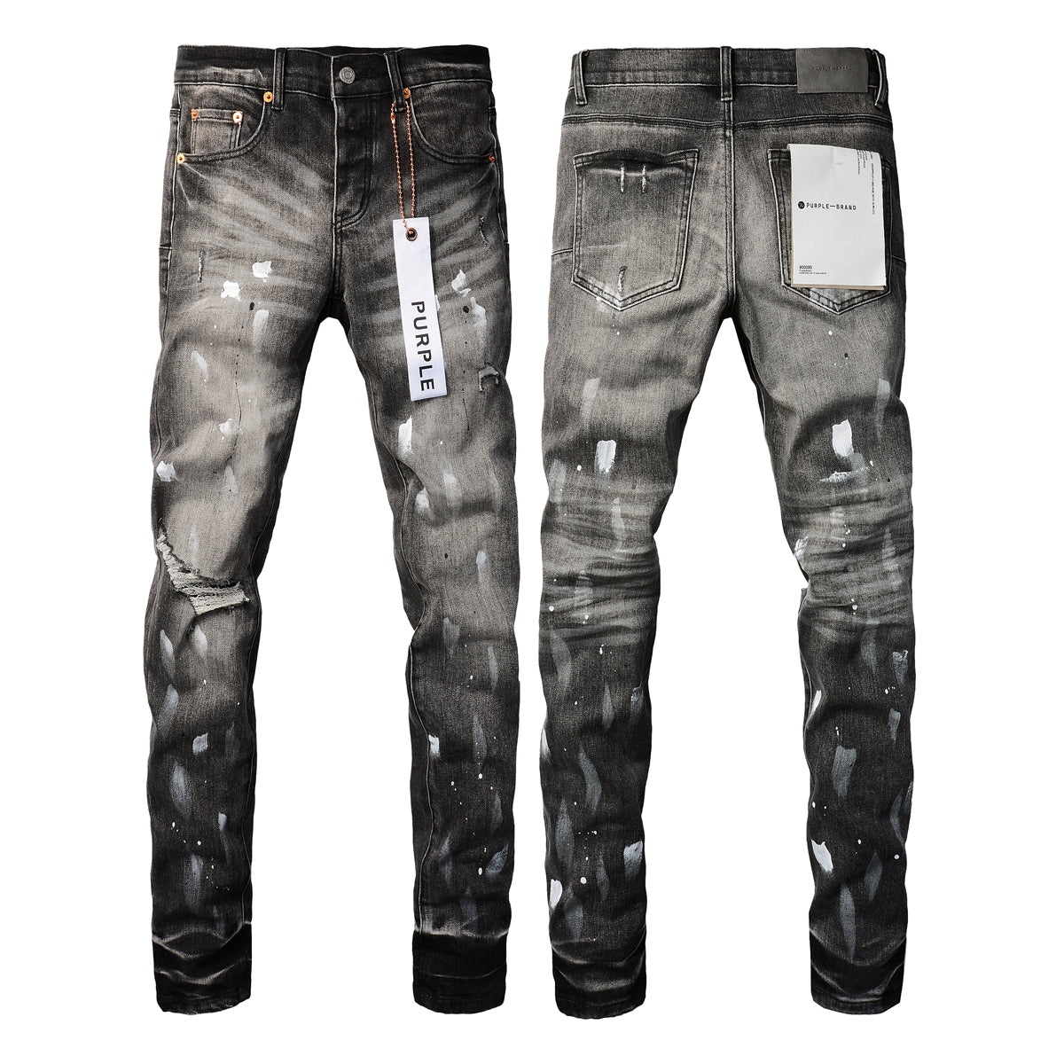 PURPLE Men Streetwear Skinny Jeans Dark Gray Wash with White Paint Splatter and Distressed Rips 9032