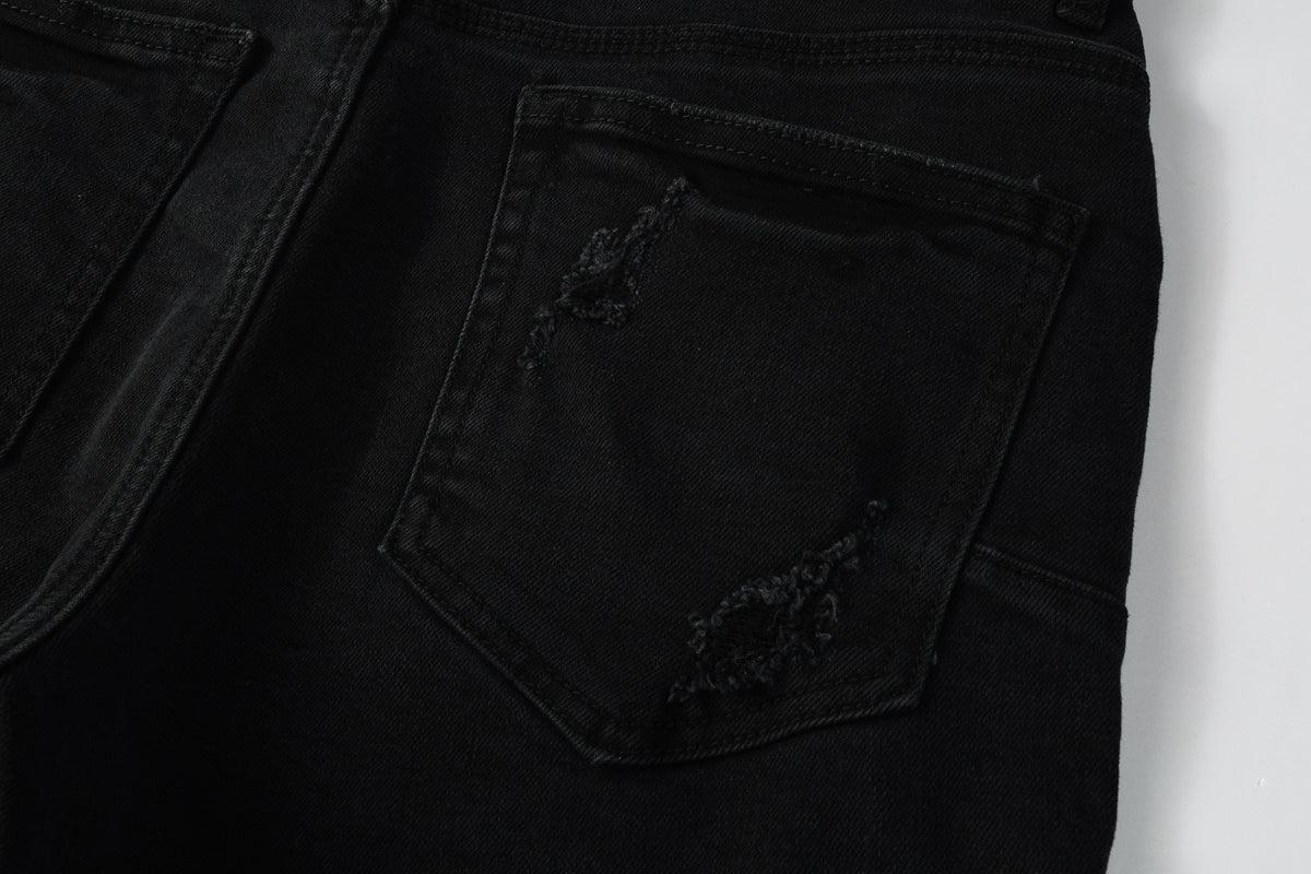 PURPLE Men Streetwear Black Denim Shorts with Distressed Ripped Details and Raw Hem 5108