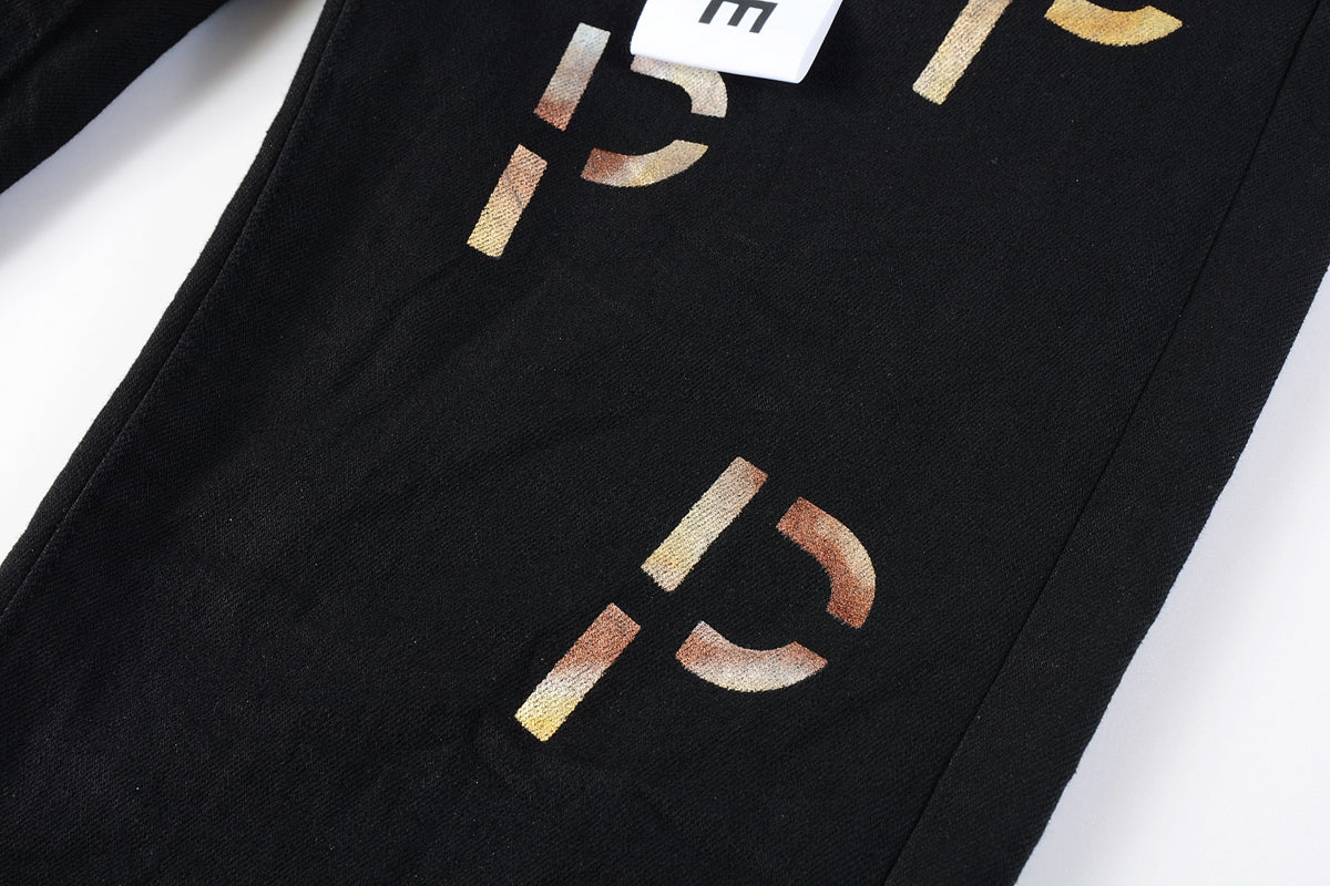 PURPLE Men Streetwear Skinny Jeans Black Wash with All-Over Metallic Gold "P" Print 9008