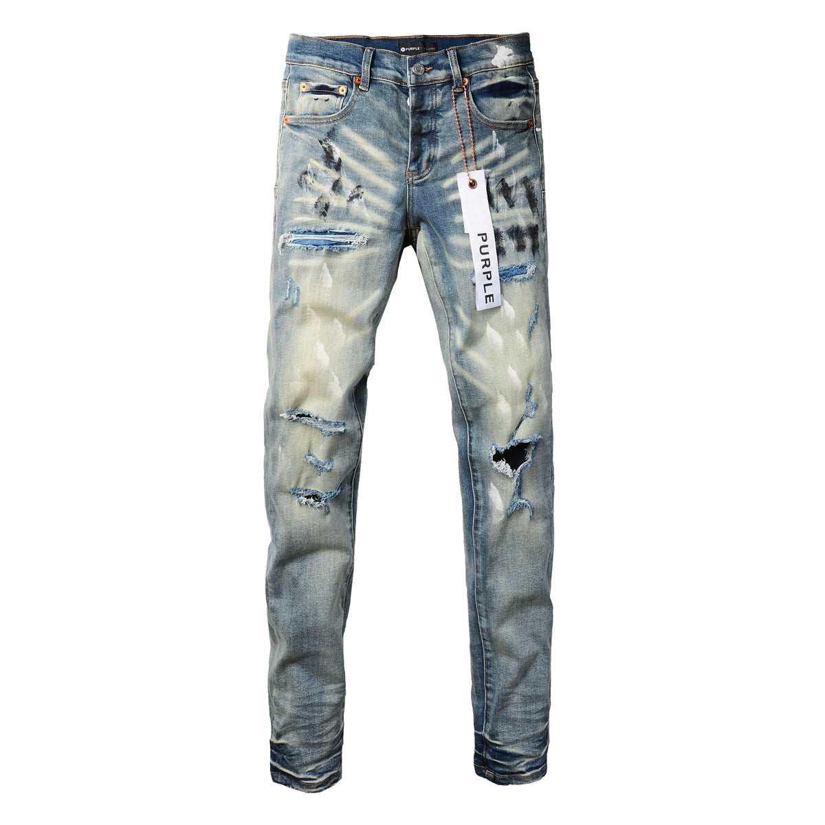 PURPLE Men Classic Streetwear Jeans DistressedBlue Paint Slash Skinny 9037