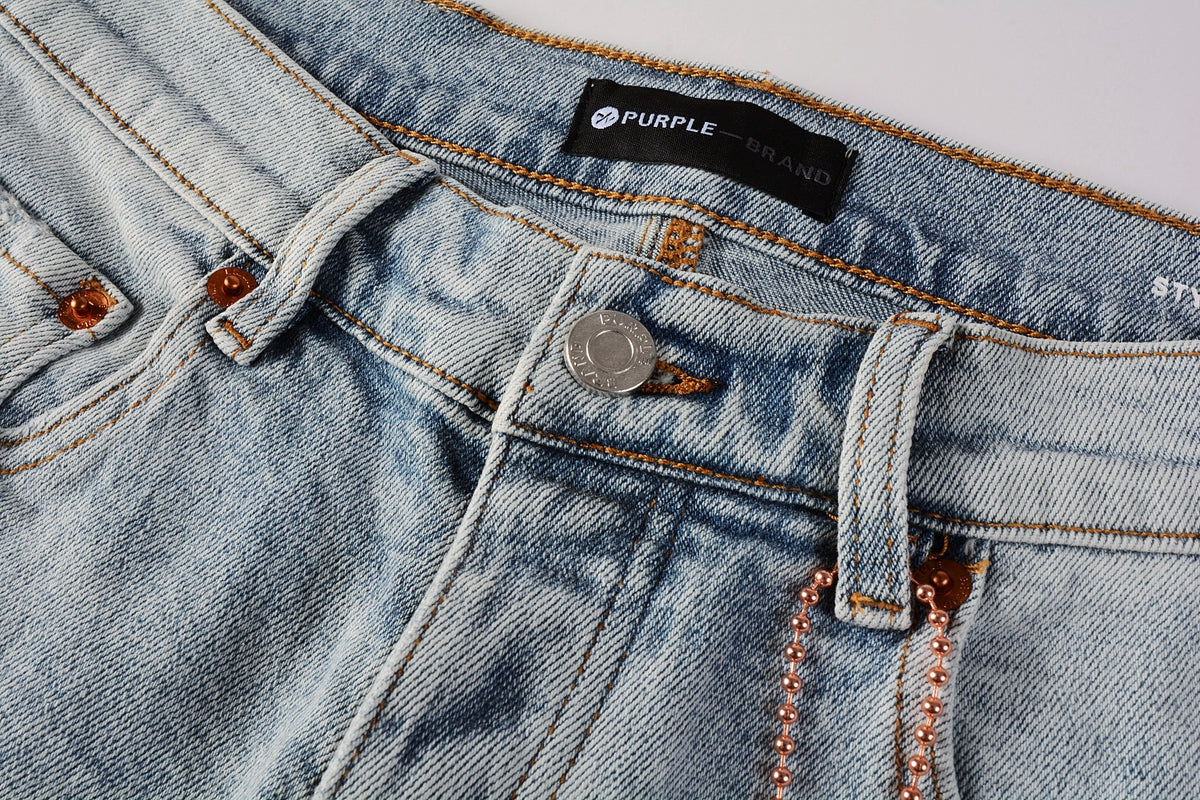 PURPLE Men Streetwear Skinny Jeans Light Blue Wash with Knee Ripped Details and Black Lining 9010