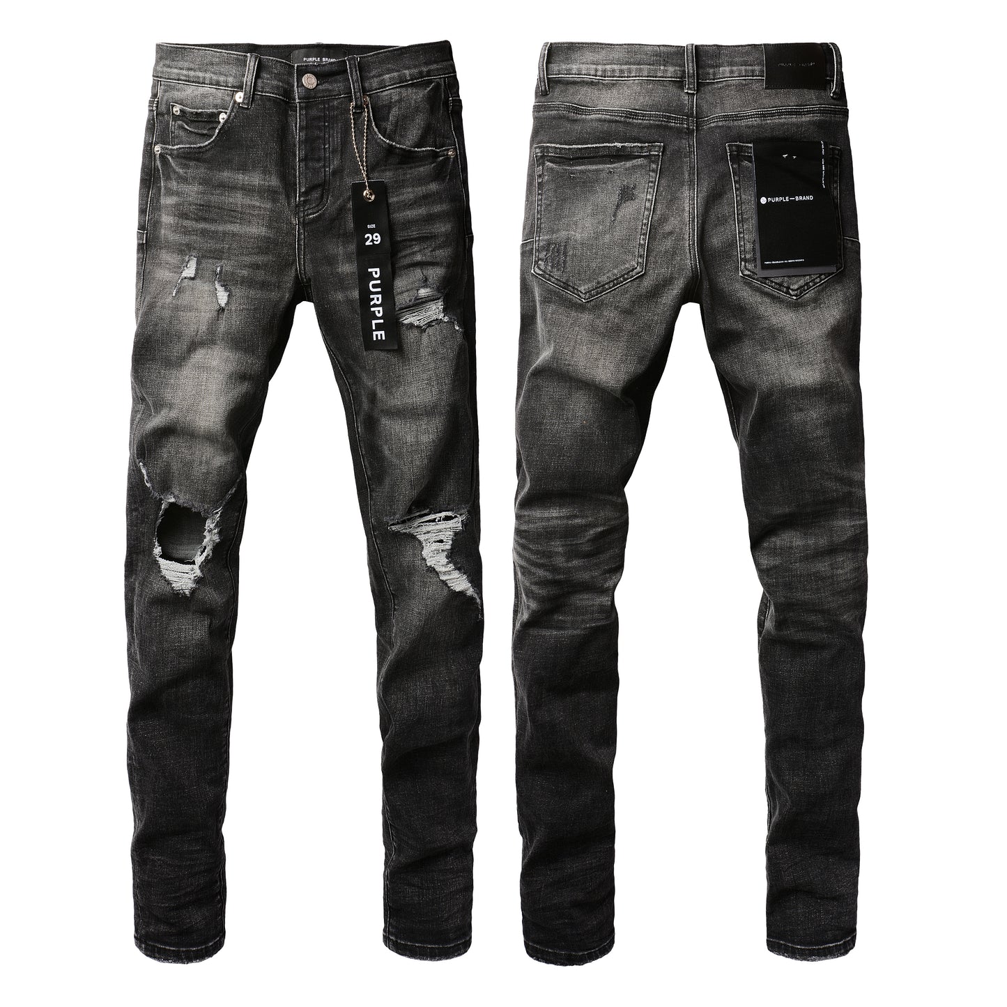 PURPLE Men Streetwear Skinny Jeans Dark Gray Wash with Heavy Distressed Ripped Details 9079
