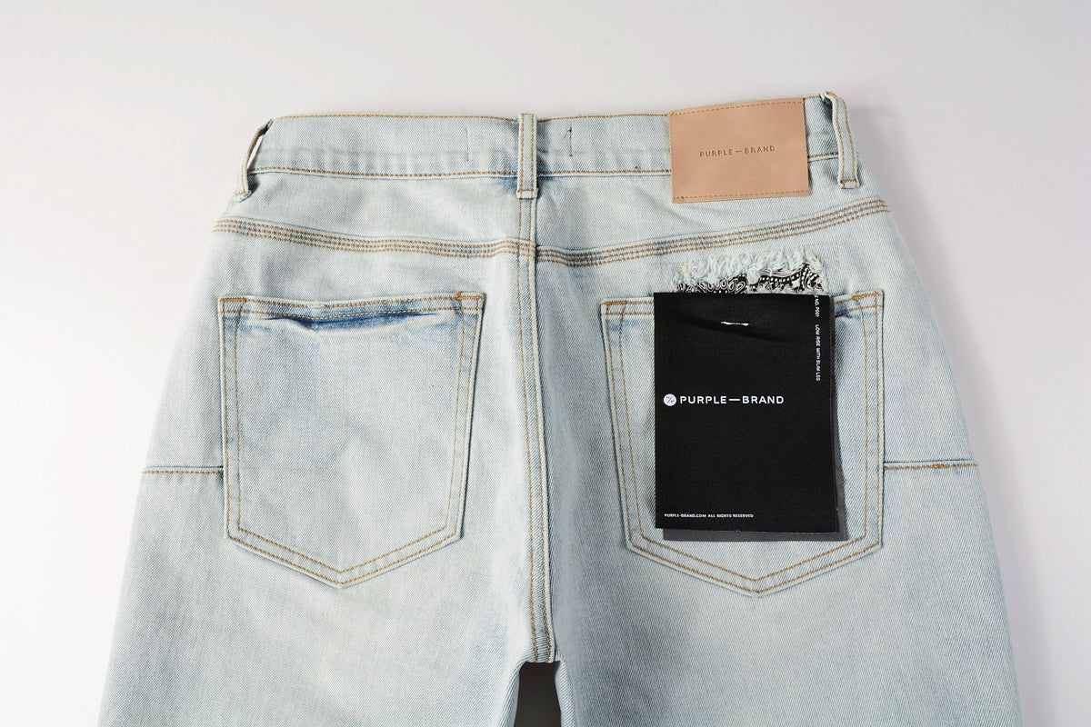 PURPLE Men Streetwear Denim Shorts Light Blue Wash with Colorful Patched Rips and Raw Hem 5067