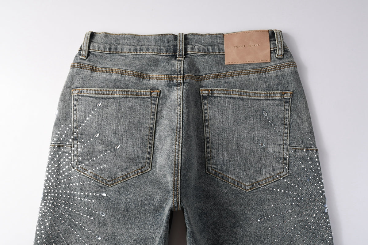 PURPLE Men Streetwear Light Blue Denim Shorts with Radial White Rhinestone Designs 5093